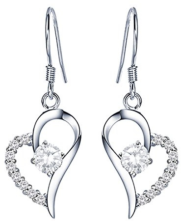 QUKE Pendientes colgantes de plata de ley 925 con forma de corazón, circonitas, pendientes colgantes para mujer, Plata de ley, Circonia cúbica