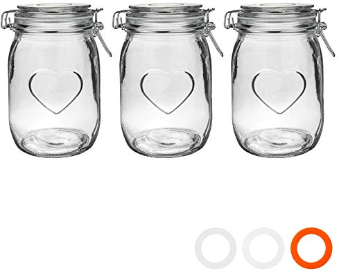 Nicola Spring Heart Shaped Glass Storage Jar with Airtight Clip Lid - 1000ml - 3 Pack - 4 Colour Seals - Kitchen Vintage Round Preserving Container for Pickling, Chutney, Jam, Coffee, Oats