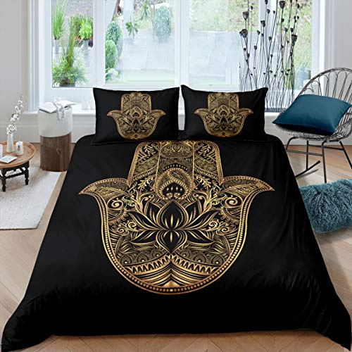 Loussiesd Boho Duvet Cover Set Double Indian Ethnic Buddha Bedding Set Digital Printed Gorgeous Buddhist Comforter Cover Microfiber Lotus Floral Bed Cover Golden Black Zipper Breathable 3 Pieces