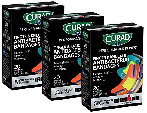 CURAD Performance Series IRONMAN Antibacterial Bandages, Extreme Hold Adhesive Technology, Finger & Knuckle Bandages, Flexible Fabric, Variety Pack with Assorted Sizes & Colors, ( Pack of 3)