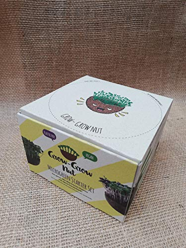 Grow-Grow Nut Microgreen Starterpaket - Kressesieb Alternative: 1x Kokosnuss-Schale, 3x Bio-Saatgut aus EU (Brokkoli, Radieschen & Rucola), Kokoserde, Ernte in 5-7 Tagen - nachhaltig, gesund & lecker