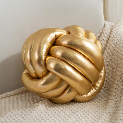TESICA Handmade Round Knot Ball Pillow Plush Knotted Cushions Bedroom Decor Plush Knot Medium Size 11Inch Gold