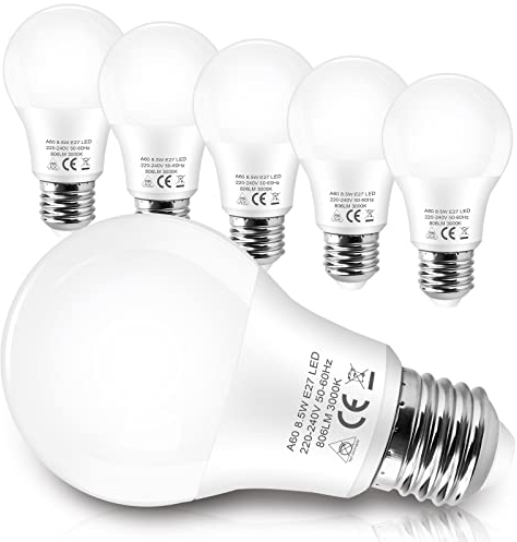 AGOTD E27 LED Lampe, 8,5W 806LM 3000K Warmweiß LED Glühbirne Ersetzt 60W, A60 Leuchtmittel E27 LED Birnen, nicht Dimmbar Energiesparlampe, 6 Stück