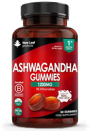 New Leaf High Strength Ashwagandha Gummies 1200mg, 60 Gummies | 5% Withanolides, Pure Root Extract, Real Fruit Juice, No Artificial Colours or Flavours, Gluten Free, 1 Month Supply, UK Made