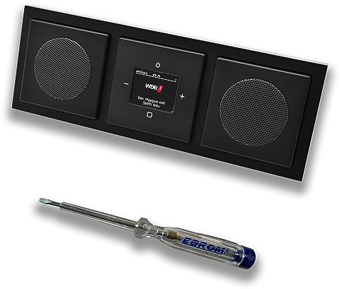 Busch Jäger DAB+ (DAB PLUS) Unterputz Radio 8215U-101 Future SCHWARZ MATT, Komplett-Set mit 2 x Lautsprecher, Abdeckungen, Rahmen + EBROM Phasenprüfer zur Montage d. Geräte - 8215 U – 101