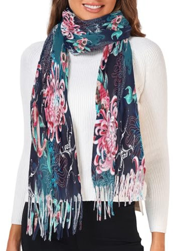 Fustylead Colorfull Schal mit Fisch- und Chrysanthemen-Motiv, modisch, Kaschmir-Gefühl, Winter, warm, groß, Unisex, für Damen und Herren, blau, One size