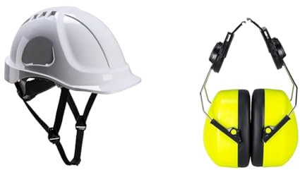 Portwest PS54 Endurance Lightweight Construction Hard Hat Safety Helmet White & Endurance HV Clip-On Ear Protector, Size: One Size, Colour: Yellow, PS47YER