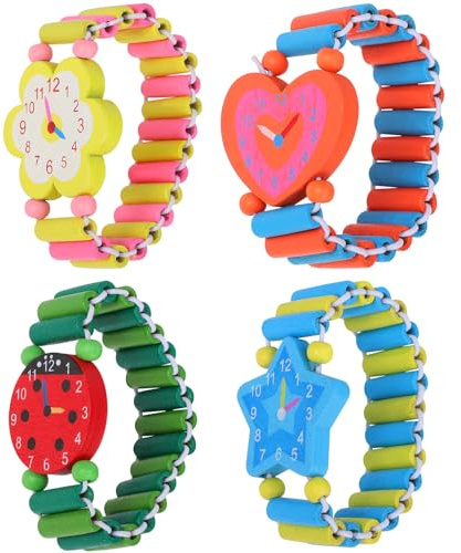 PACKOVE Cartoon Bracelet Watch Simulation Wristwatch Wooden Cartoon Wristwatch Wooden Toddler Watch Creative with Stretchy Band, Random Color