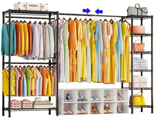 KZOBYD Extendable Clothes Rails, Coat Rails Coat Racks for Hanging Clothes | Length 72-96.6 inch, 8 Height Adjustable Shelves, Metal Heavy Duty Clothing Garment Rack, for Closet Wardrobe Bedroom