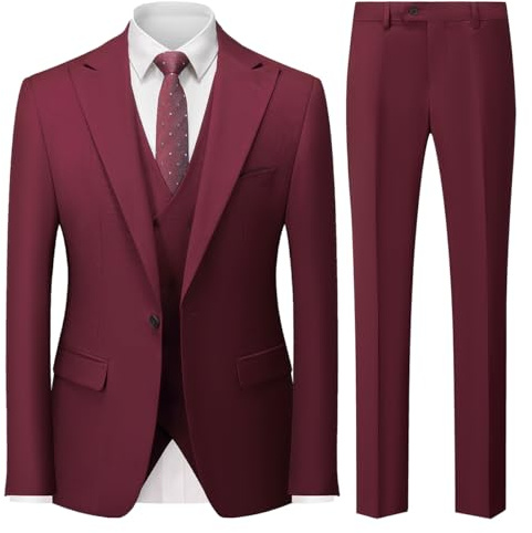 MODFUL Costume 3 pièces pour homme Coupe slim Business Un bouton Smoking Blazer de mariage Gilet Pantalon Ensemble, rouge bordeaux, XXL