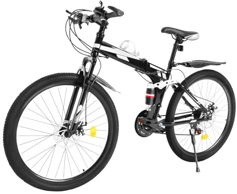 TESUGN 26 Inch Folding Mountain Bike, 21 Speed Mountain Bike Gears Folding Bicycle Unisex Adult Foldable Bike With Dual Disc Brake Full Suspension MTB Bike for Outdoor Travel Camping, Black