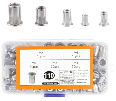 110 Pcs Tuercas Remachables, Remaches Roscados, M3 M4 M5 M6 M8 Tuercas Inserciones Remachables de Cabeza Plana, Manguitos Roscados de Acero Inoxidable para Madera Muebles Metal