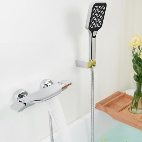 SHANFO Rubinetto Vasca da Bagno a Cascata, Miscelatore Vasca da Bagno con Doccetta,Rubinetto Doccia in Ottone, Cromato, 14Y1OK