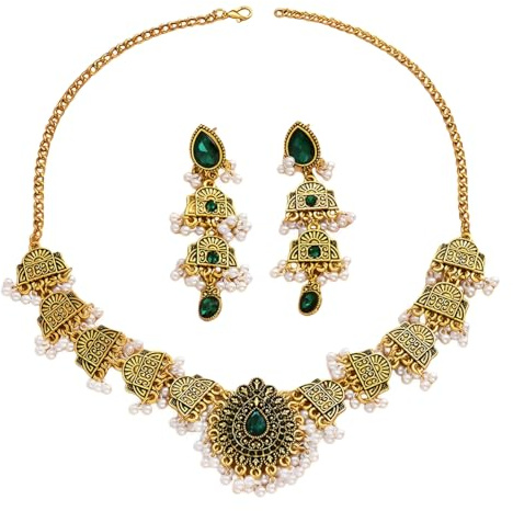 IMINI Set di gioielli indiani placcati in oro antico, collana girocollo regolabile con perle e orecchini pendenti abbinati, per donne, festival di Bollywood e regalo di nozze, in confezione regalo