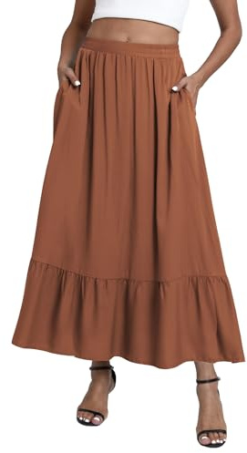 EXCHIC Donna Boho Fluttuante Vita Elastica A-Line Maxi Gonna Volant Spiaggia Lunga Gonne con Tasche (XL, caffè)