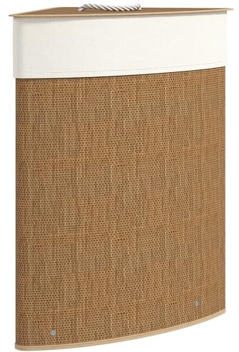 HOMCOM Cesto Ropa Sucia de Bambú para Esquina de 55L con Tapa y Asa, Cubo Ropa Sucia con Bolsa Extraíble y Lavable para Baño, Dormitorio, 35x35x60 cm, Marrón