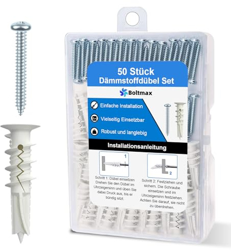 Boltmax Dämmstoffdübel, 50 Stück Hohlraumdübel, 41mm Gipskartondübel, kein Vorbohren Dübel Dämmung Fassade für Gipskartonplatten, Dübel Set (25 Stück Fassadendübel, 25 Stück Schrauben)