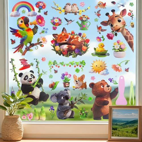 AMFUN 8 piezas Pegatinas de Ventana de Primavera, Pegatina de Prisma para Ventanas, protección para Aves con Pegatinaing Anti-colisión para Habitación y Oficina(Animales)