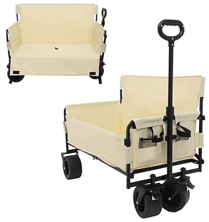 Bollervagn vikbar handvagn 95 × 47,5 × 52,5 cm 300 kg transportvagn trädgårdsvagn strandvagn för alla terränger utomhus shopping för trädgård camping festival – beige