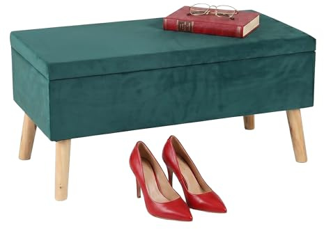 Relaxdays Banco con Espacio de Almacenamiento, tapizado de Terciopelo, 40 L, Acolchado, Patas de Madera, Pasillo, Banco baúl para 2 Personas, 41 x 80 x 40 cm, Verde Oscuro