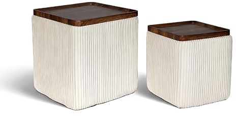 IlGruppone Set 2 Pouf Contenitore Quadrati in Velluto con Coperchio in Legno, Tavolino da Salotto Moderno, Pouf Contenitore Salvaspazio, Seduta Imbottita, Pouf Poggiapiedi - Beige