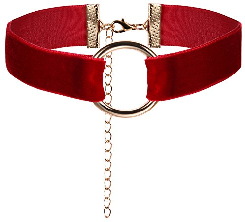 JewelryWe Schmuck Damen Choker Halskette mit O-Ring Anhänger Weinrot Stretch Samtleder Velvet Gothic Halsband Sexy Kette Handarbeit