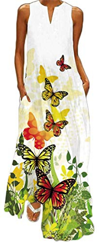 WINKEEY Abito Lungo Estivo Donna Elegante Stampato Plus Size Senza Maniche con Tasche, Farfalla Gialla 4XL