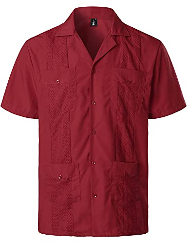 VATPAVE Mens Short Sleeve Button Down Cuban Guayabera Summer Shirts 4X-Large WineRed