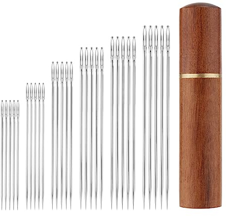 25pcs Large Eye Sewing Needles, Stainless Steel Tapestry Sharp Needle Hand Knitting Embroidery Needles Wool Needle with Wooden Needle Case Yarn Knitting Needles for Crochet Projects (5 Sizes)