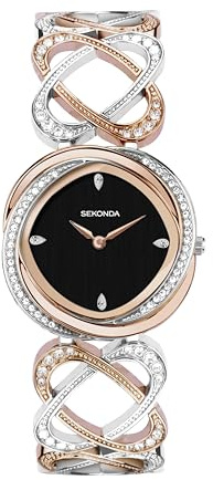 Sekonda Hidden Hearts 40508 Damen-Quarzuhr mit Analog-Anzeige, zweifarbiges Armband aus Legierung, 29 mm, Schwarz