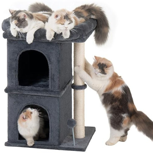 Aechonow 61cm Kratzbaum für Große Katzen Stabil, 2 Katzenhöhle fur Indoor Klein Katzen, Katzenbaum mit Große Liegefläche(48 x 40cm), 61cm Hohe Katzentonne Klein, Dunkel Grau