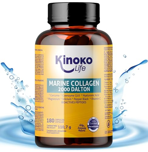 KINOKO LIFE - Collagene Marin Acide Hyaluronique | 180 Capsules, Extraits de plantes, Coenzyme Q10, Vitamine C, Magnésium, Leucine, Curcuma | Collagene et Acide Hyaluronique | Complement Alimentaire