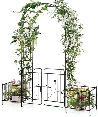 COSTWAY Arco da Giardino, Pergolato in Metallo con Cancello Bloccabile e Fioriere Laterali, Arco per Piante Rampicanti e Viti da Uva, Decorazione per Cerimonia Matrimoniali