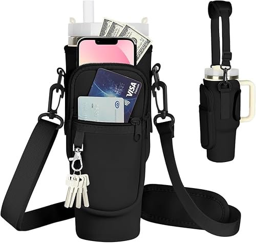 Bolsa de Botella de Agua para Stanley Cup 40 oz Funda para Botella de Agua con Correa Ajustable Termica Botella Agua con Bolsillo para Teléfono y Tira de la Cuerda para Senderismo Viajes Camping Negro