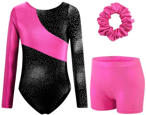 XiaoMoSha Girls Three-Piece Gymnastics Leotards Set Long Sleeve Leotards with Shorts and Hairband Sparkly Ballet Dance Unitards Gradient Color Gymnastics Outfits for Kids, RoseRedBlack, 7-8 Years