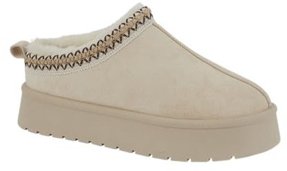 Shoes By Emma Womens Platform Chunky Sole Faux Suede Fleece and Faux Fur Lined Braided Trim Mule Slipper Boots (Sand, UK Footwear Size System, Adult, Women, Numeric, Medium, 6)
