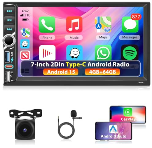 Motorsi 4GB RAM + 64GB ROM Autoradio 2 Din Carplay con Controllo Volante, 7“ Android Doppio din Autoradio, Android Auto, GPS, WiFi, Bluetooth, Mirror Link, FM/RDS, Schermo Diviso+Backup Telecamera