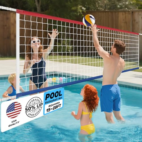 XXXYYY Upgraded Swimming Pool Volleyball Net Replacement, Lengthened 15FT-28FT Adjustable, Upgraded Weather Resistance with Waterproof, Thicker Borders and Nylon Straps-15x3FT, Red Blue(Net Only)