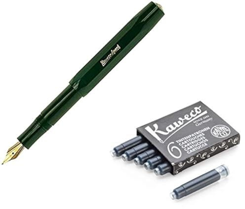 Kaweco Classic Sport Fine Nib Fountain Pen (Fine Nib) + Pack of 6 Black Ink Cartridges Set (Green)