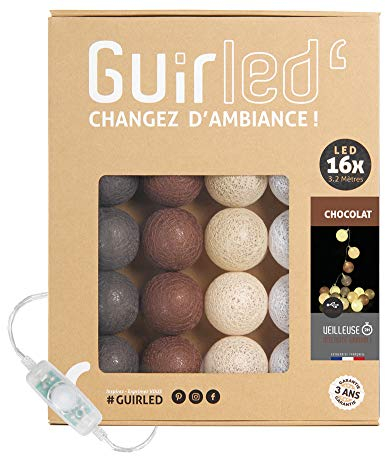 GuirLED - LED Baumwollkugeln Lichterkette USB - Baby Nachtlicht 2h - Dual USB 2A Netzteil enthalten - 3 Intensitäten - 16 Kugeln 1.6m - Schokoladenbraun