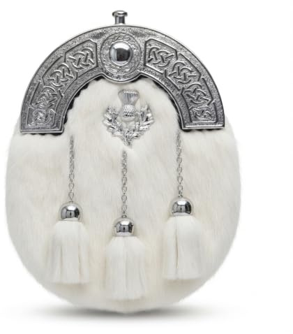 LEATHER AND WHITE FUR 3 TASSELS SCOTTISH BRASS CANTLE SPORRAN WITH BELT