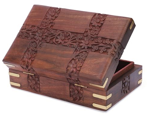Ajuny Portagioie in Legno fatto a mano Incisioni Decorative a Forma Foglia Patti Portaoggetti per Tesori Organizer Viaggio Multiuso porta Orologi Regalo - 6x4 pollici