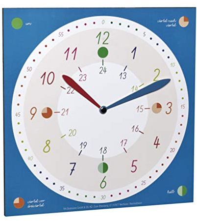 TFA Dostmann Lernuhr für Kinder, 98.1123.06, für Jungen und Mädchen, Kinderuhr, Uhrzeit Lernen, zur Grundschule, Kinderzimmer, aus Karton, farbenfroh, Blau, L310 x B20 x H340 mm