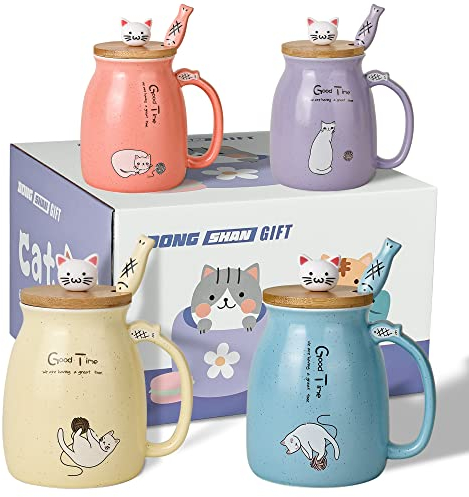 4er Set süße Katzenbecher,Keramik-Kaffeetassen mit Lovely Kitty-Deckel,Neuartiges Morgentee-Milchbecher-Set für Frauen,Weihnachtsgeburtstagsgeschenk Tasse 450ML (4 Stück, Blau, Rosa, Lila, Gelb)