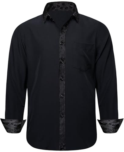 Barry.Wang Men's Dress Shirts Contrast Long Sleeve Business Classic Formal Shirts Button Down Wedding Party Work Shirts Black S-3XL