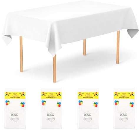4 Stück Einweg Tischdecke Weiß, Rechteckig Einweg Tischdecke aus Kunststoff, wasserdichte Ölbeständig für Geburtstag, Hochzeit, Party, Grillen, Picknick-Dekoration