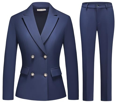 MODFUL Women's 2 Piece Business Suit Double Breasted Blazer and Pants Work Suit Set (Navy,Small)