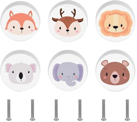 Funnytek 6 st djurträ lådhandtag, djurbild, möbelknoppar för barn, cirkelformade skåpknoppar, trä för barnrum, lådhandtag, träknappar, skåp, skåpknappar med skruvar (vit)