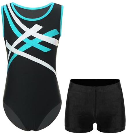 Yruioon Jungen Turnanzug Gymnastikanzug Ärmellos Ballettanzug mit Shorts Kinder Ballett Trikot Gymnastik Leotard Turnen Akrobatik Anzug Blau Grün&Schwarz 134-140