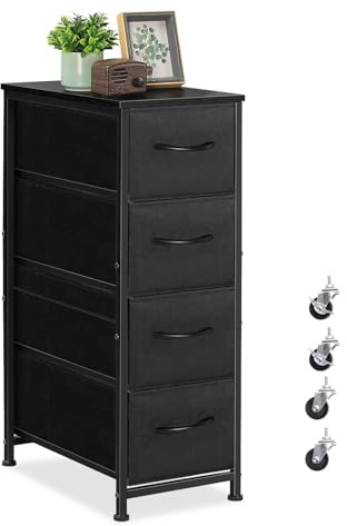 Shinoske Kommode Schmal, Aufbewahrungsschrank mit 4 Schubladen aus Stoff, Aufbewahrungskommode Kommodenschrank Schubladenschrank für Schlafzimmer Wohnzimmer Kinderzimmer Flur, Metallrahmen, Schwarz